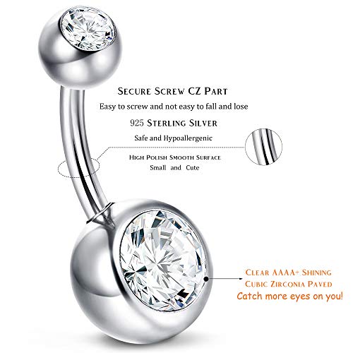 Sllaiss Belly Button Rings For Women 925 Sterling Silver 14G Bar 8Mm Cz Round Ball Navel Barbell Stud Body Piercing Jewelry #TOP3