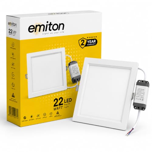 Image of EMITON 22W LED Square Panel Light | LED Ceiling Light with Driver | Energy Efficient Indoor Lighting for Home, Office, Bedroom, Living Room, Shop & Commercial Spaces | White