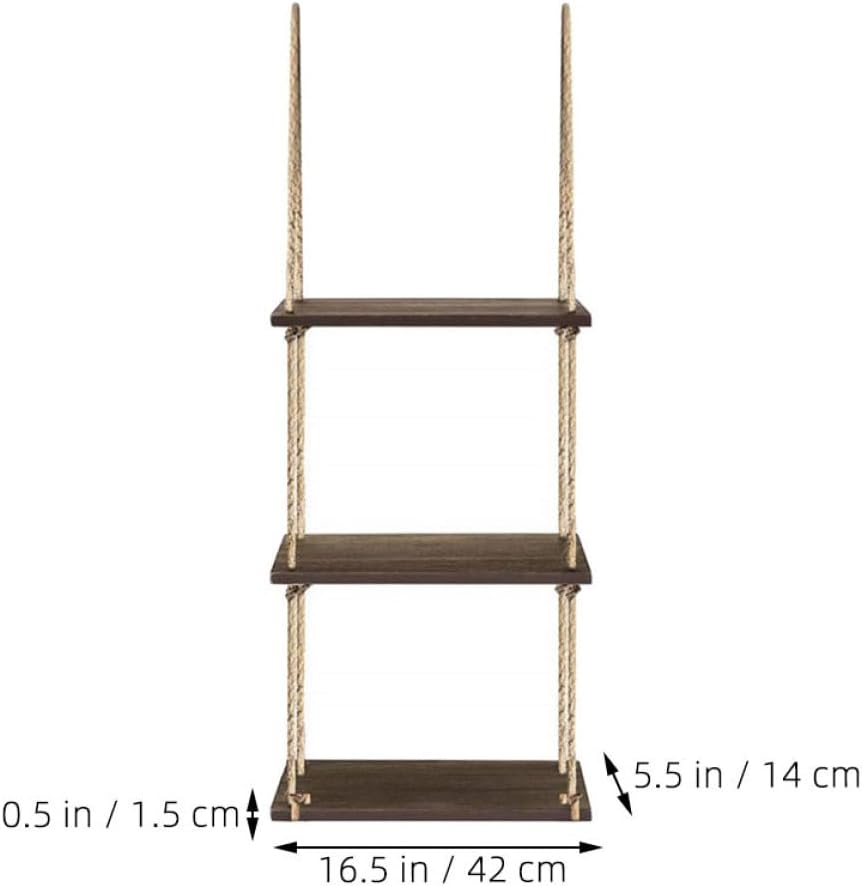 Alasum Wood Hanging Shelf 42x14x1.5cm 3-Tier Floating Wall Storage Rack with Cotton Rope Rustic Wooden Plate Shelf for Living Room Kitchen Wall Décor
