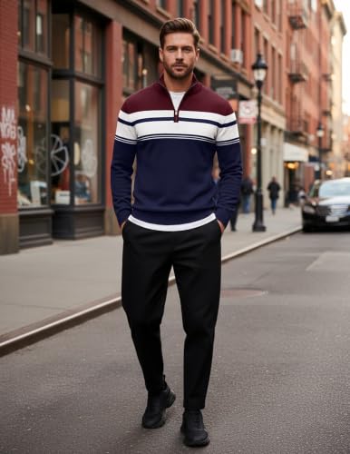 Image of COOFANDY Men's Quarter Zip Up Sweaters Slim Fit Lightweight Mock Pullover
