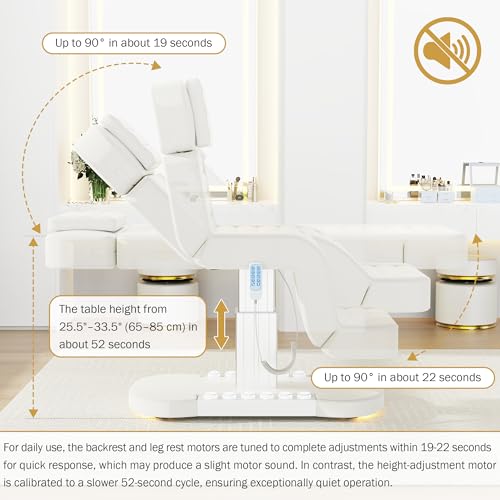 Image of Professional Electric Spa Table /Chair with LED Light, 3 Motor Height Adjustment, Backrest, Leg Support Angle Adjustable for Massage, Facial, Medical, Tattoo, Waxing, Beauty Salon and More - White