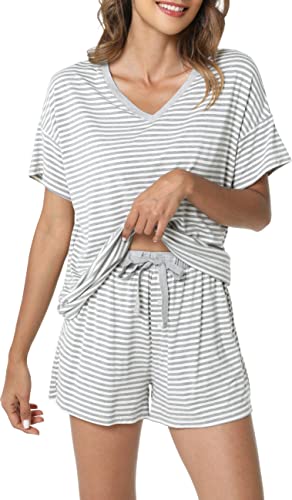 LazyCozy Women's Bamboo Viscose Cooling Striped Pajama Set, Grey Stripe, L