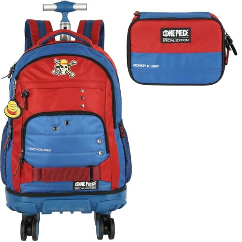Mochila Infantil Rodinhas One Piece com estojo 100 Pens Vermelho