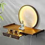 Wall-Mounted Buddha Statue Stand with LED, Small Buddhist Shrine Altar Table, Retractable Bamboo Prayer Offering Table for Living Room (Walnut Color, 23.6in)