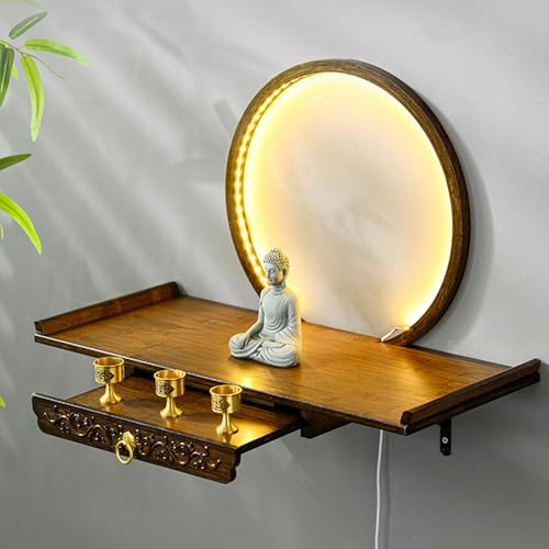 Wall-Mounted Buddha Statue Stand with LED, Small Buddhist Shrine Altar Table, Retractable Bamboo Prayer Offering Table for Living Room (Walnut Color, 23.6in)