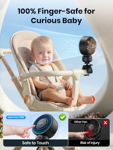 Image of Warmco Portable Stroller Fan, 4000mAh Rechargeable Clip On Fan for Baby | Secure Clamp, Up to 15H Runtime, Protective Grille, Quiet, 360 Rotatable, Removable Cover, LED Display