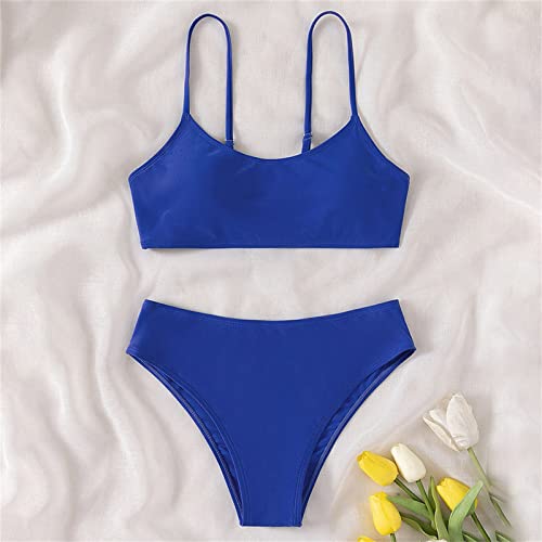 Girl's 2 Piece High Waisted Spaghetti Strap Cute Swimsuit Bathing Suit Solid Bikini Sets Swimwear for (Blue, 14 Years)4