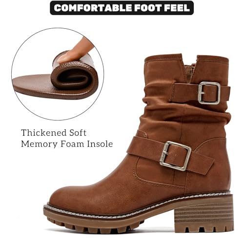 Women's Ankle Boots Slouchy Flat Ladies Booties Low Chunky Heeled Riding Combat Boot Comfortable Casual Round Toe Short Boots for Women.4