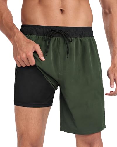 Image of Mens Swim Trunks with Compression Liner 2 in 1 Quick Dry Swimming Shorts Swimwear Bathing Suits with Pockets