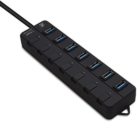7-Port USB Hub, iXCC SuperSpeed USB 3.0 25W Extension Hub with Individual On/Off Port Switches and Power Adapter - Black