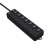 7-Port USB Hub, iXCC SuperSpeed USB 3.0 25W Extension Hub with Individual On/Off Port Switches and Power Adapter - Black