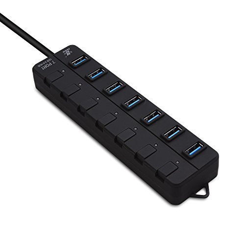 7-Port USB Hub, iXCC SuperSpeed USB 3.0 25W Extension Hub with Individual On/Off Port Switches and Power Adapter - Black