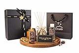 Orialis Raumduft Geschenkset - Diffuser English Pear Orchid 100ml & Duftkerze Amber Black Pine Wood 200g, inkl. Nachfüllflasche, Deko, Geschenkbox, Geschenktüte, beschreibbare Grußkarte