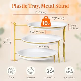 Lifewit Plastic 3 Tier Serving Tray Platter for Party Entertaining, 10" × 10" Large Dessert Table Display Set, White Reusable Round Dishes with Gold Metal Display Stand for Veggie, Fruit, Cookies