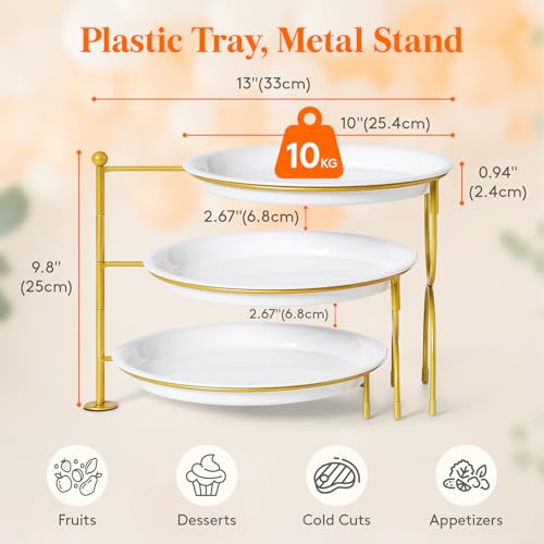 Lifewit Plastic 3 Tier Serving Tray Platter for Party Entertaining, 10" × 10" Large Dessert Table Display Set, White Reusable Round Dishes with Gold Metal Display Stand for Veggie, Fruit, Cookies