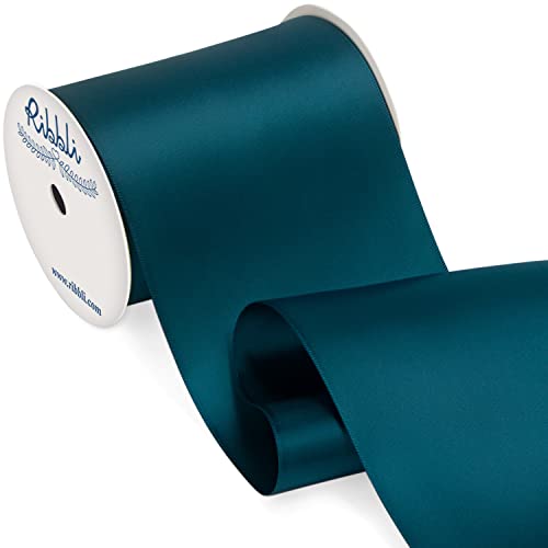 Ribbli Teal Satin Ribbon 4 Inch Wide Teal Ribbon for Wedding Chair Sash Grand Opening Ceremony Big Bows Gift Wrapping Floral Crafts Cake Decor-Double Faced Satin Continuous 10 Yards