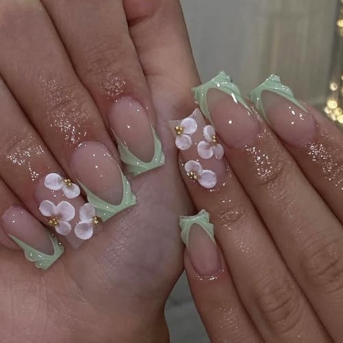 MERVF Long Press on Nails Square - Light Green French Tip Fake Ac...