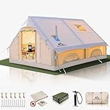 13' x 10' Large Inflatable Tent for Camping 8-10 Person, 4 Season Inflatable Hot Tent with Stove Jack, Easy Setup Blow Up Tents for Camping with Hand Pump, Waterproof Floor Matress