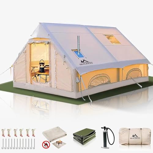 SENLEETO Inflatable Tents for Camping 4/6/8/10 Person, Luxury Inflatable Hot Tent with Stove Jack/Ac Port, Portable Easy Setup Inflatable Tent House with Canopy image 3