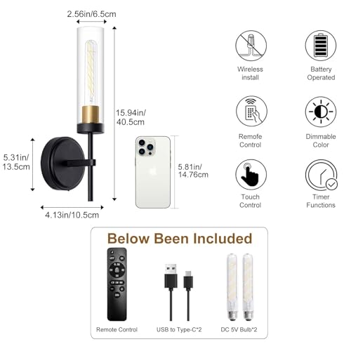 Image of Wall Sconces,Battery Operated Wall Sconce 8000mAh Black Fast Chargin Endurance 100 Hours Infinitely Dimmable 2 Color Temperature Bulbs with Remote Control Wireless Wall Lights for Bedroom Living