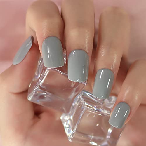 Pure Color Glossy Grey Fake Nails Full Cover Short Squoval Square Gray False Press On Nails Tips For Women Girls Finger Wear #TOP2