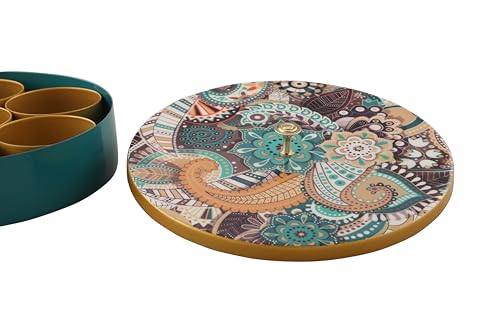 Image of R Ayurveda Copper Metal Magnetic Steel Handcrafted Spice Box Set For Kitchen With Spoon (7 Containers, 40 Ml each) - Masala Box size 8 Inches diameter For Kitchen and Candy organization