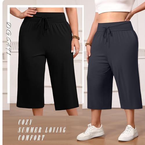 Neer 3 Pack Women's Capris Plus Size Yoga Lounge Pants Wide Leg High Waist Drawstring Cropped Cotton Sweatpants with Pockets4