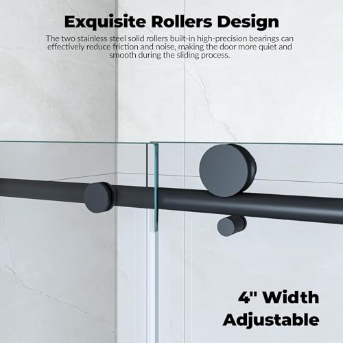 Image of Frameless Shower Door 56-60 inch Wx76 inch H, Round Stainless Steel Track, 6mm Tempered Glass, One Fixed One Sliding Door, Matte Black Finish, Modern Bathroom Shower Enclosure