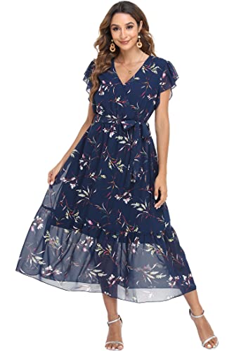 VintageClothing Womens Sundress Casual Floral Summer Boho Dress Flowy Wrap V Neck Ruffle A-Line Pleated Hem Midi Dresses3