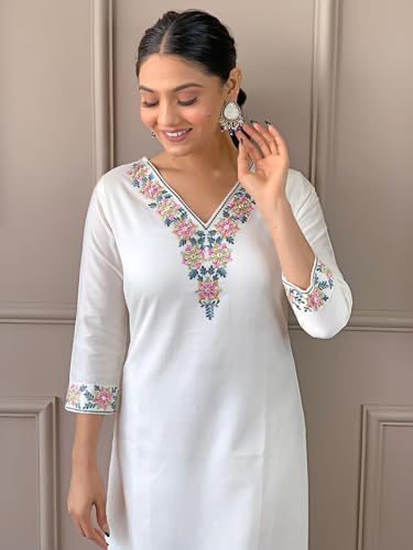 Image of Women's Kurta Set with Floral Print Dupatta, White and Purple