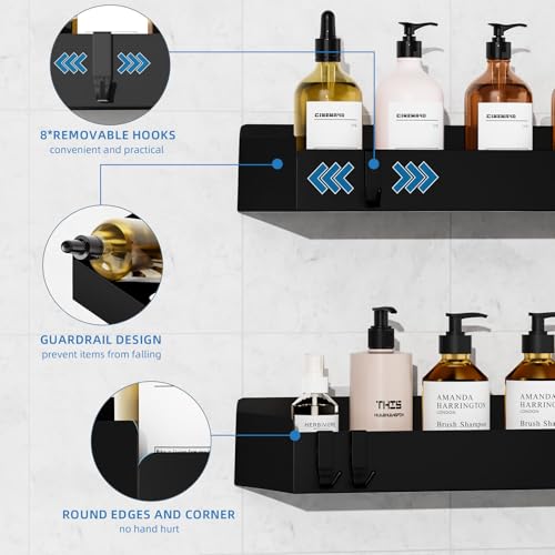 Wisfame Duschablage Ohne Bohren, 2 Stück Rostfreie Badezimmer Organizer, 30cm Duschregal mit 8 Haken, Shampoo Halterung für Dusche, Matt Schwarz Metall Duschkorb