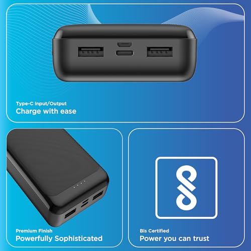 Image of URBN Power Bank 20000mAh Fast Charging | 22.5W Super Fast Power Delivery (PD) Portable Charger | Triple Output | USB Type C Input & Output | Pass Through Charging | (Black)