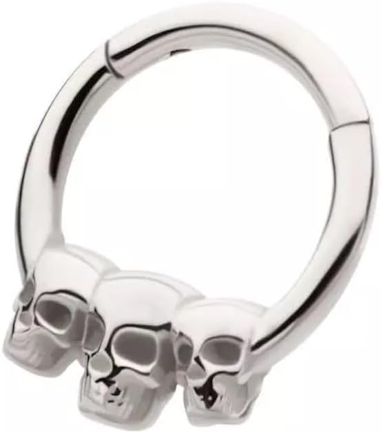 Pierced Owl 16GA 316L Stainless Steel Triple Skull Lined Hinged Segment Clicker Ring - Image 3