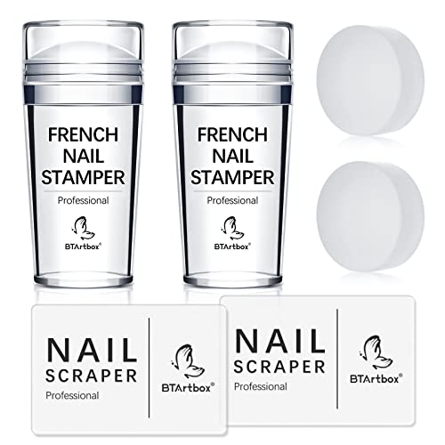 French Tip Nail Stamp - BTArtbox 2 Set Nail Art Stamper Kit with French Nail Stampers, Nail Scrapers and Stamper Heads Replacement, Soft Jelly Nail Stamping Kits DIY Nail Art Tools