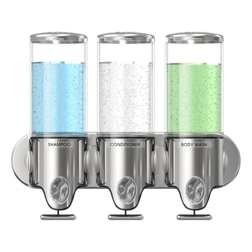 Shampoo and Conditioner Dispenser,Rocfinity Triple Stainless Steel Soap Dispenser Bathroom,Wall Mounted Shower Shampoo Dispenser 3 Chamber No Drill,1500ml/ 51 oz Toatl Bathroom Accessories