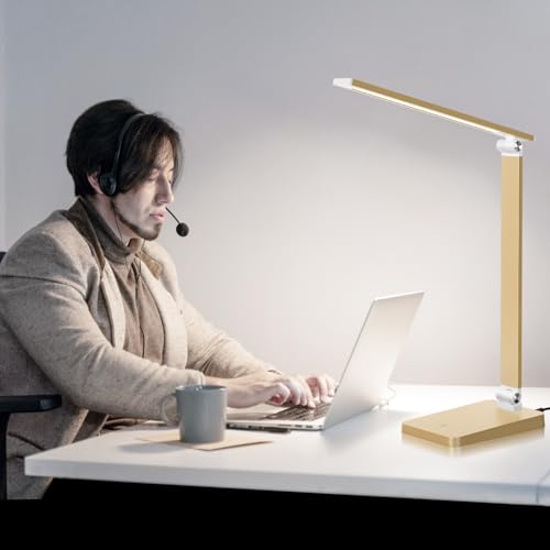 Image of LED Desk Lamp for Home Office, 3 Levels Dimmable Reading Desk Light with USB Charging Port, Desk Accessories Touch Control Table Lamp, Eye-Caring Small Study Lamp for College Dorm Room, Gold, 5000K