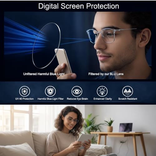 Image of TEEN & 20 Rectangle Blue Cut Computer Glasses for Men | Anti-Glare Zero Power Eyeglasses Frame for Eye Protection & Digital Screen Use - TN9004
