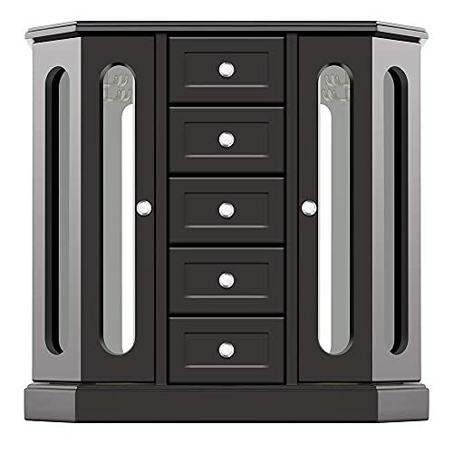 RR ROUND RICH DESIGN Vintage Jewelry Armoire with Mirror - Solid Wood Jewelry Box Organizer with 5 Drawers & 2 Glass Doors - Large Capacity Desktop Dresser Case for Rings, Earrings, Necklaces Black
