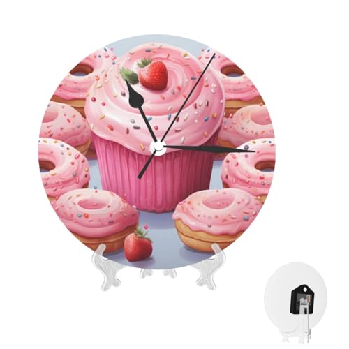 Horloge murale de 25,4 cm en forme de beignet et de cupcake - Horloge murale silencieuse et sans tic-tac - Papier peint rond pour salon - Horloge murale...