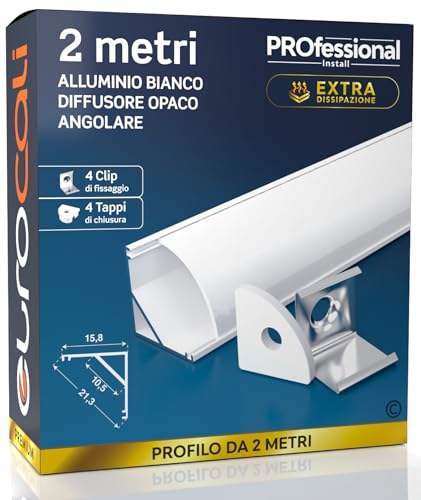 Eurocali Profilo Angolare da 2 metri (2mt) in Alluminio Bianco per Strisce LED Schermatura Opaca ingombro max striscia led 10.5mm - 15.8 x 15.8
