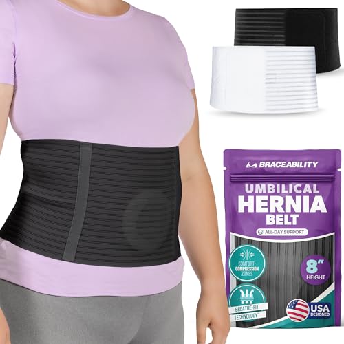 Image of BraceAbility Umbilical Hernia Belt - Abdominal Binder Truss with Compression Pad for Belly Button, Navel, Ventral, Epigastric, Hiatal Hernia Relief, Support Brace for Men or Women (L /XL 8 inch Black)
