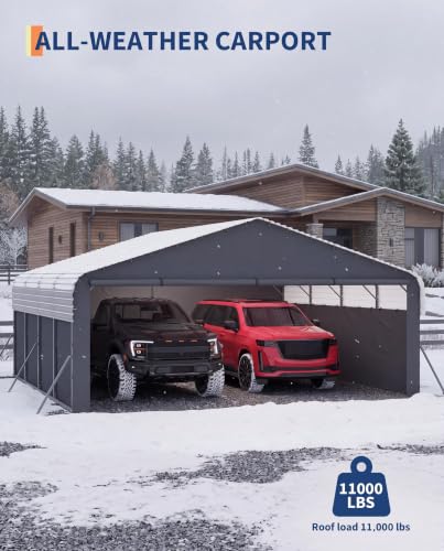 Image of GarveeLife 20'X20'X9' Metal Carport for 2 Cars, Enclosed Car Ports | Removable 220 g Tarp / Gable End Doors and Sidewalls, for Full-Size Pickup Trucks, Bass Boats, and Tractors