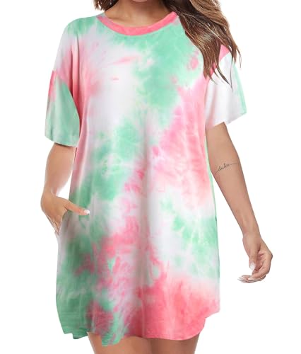 Image of MOUSYA Women Tie Dye Dress Short Sleeve T Shirt Dress Summer Casual Loose Mini Dress with Pockets