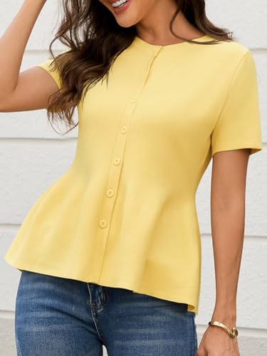 Image of Saodimallsu Womens Short Sleeve Cardigans Ruffle Button Down Crew Neck Peplum Babydoll Knit Sweater Tops