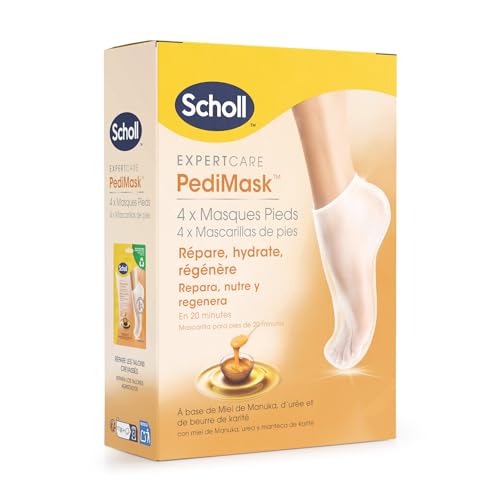 Dr. Scholl's PediMask, Mascarilla para Pies Suaves con Miel de Manuka, Urea y Karité, Hidratación Profunda, Calcetines para Pies con Callos, Durezas y Grietas, Embalaje y Mascarilla Reciclables, 4 Pz