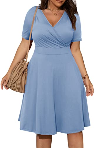 Image of POSESHE Womens Plus Size Dresses Summer Short Sleeve Wrap V-Neck Sundress Casual Wedding Guest Cocktail Dress with Pockets