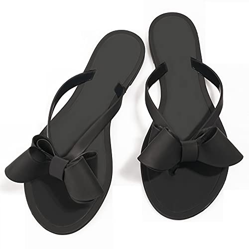 Image of TYFLOVE Women Rivet Flip Flops Studded Jelly Thong Sandals with Bow Summer Bowtie Flat Beach Rain Shoes