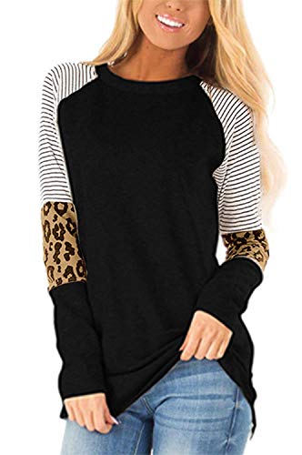 Aifer Women's Casual Leopard Color Block Tunics Long Sleeve Crew Neck Patchwork Stripe T Shirt Blouse Tops (Black1, Medium)