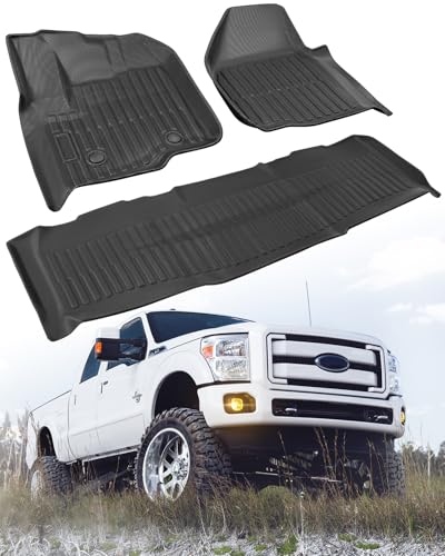 All-Weather Heavy-Duty Rubber Floor Mats for Ford F-250/F-350/F-450 2012-2016 Super Duty Crew Cab (3PCS) - Front & Rear Row, Non-Slip Design - Not for 2nd Row Captain Seats with Center Console