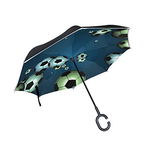 TIANYUSS Double Layer Inverted Sport Games Soccer Balls Football Umbrellas Reverse Folding Umbrella Windproof Uv Protection Big Straight Umbrella for Car Rain Outdoor with C-Shaped Handle